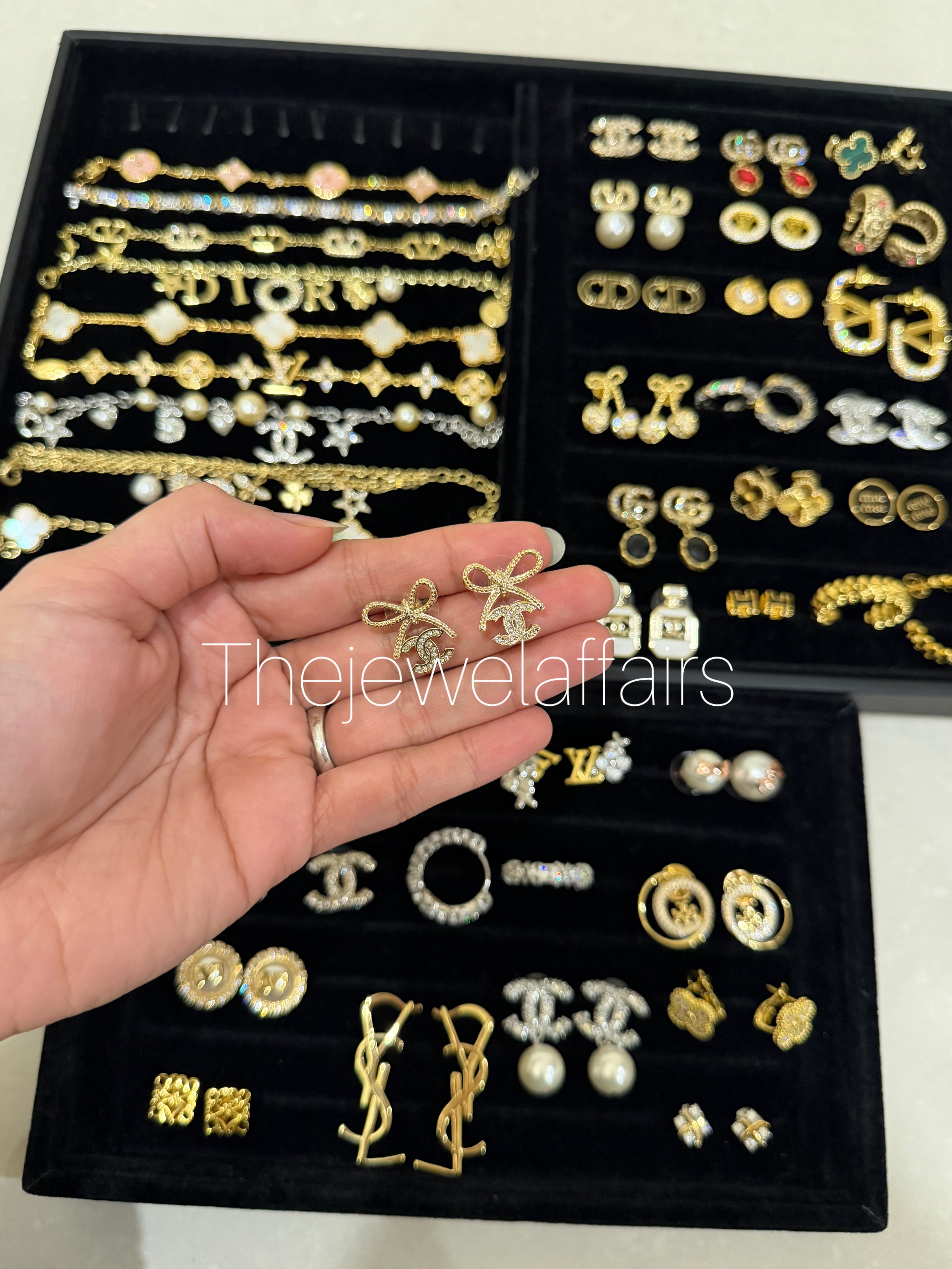 Ch@nel Bow Crystal Drop Earrings – Gold Tone