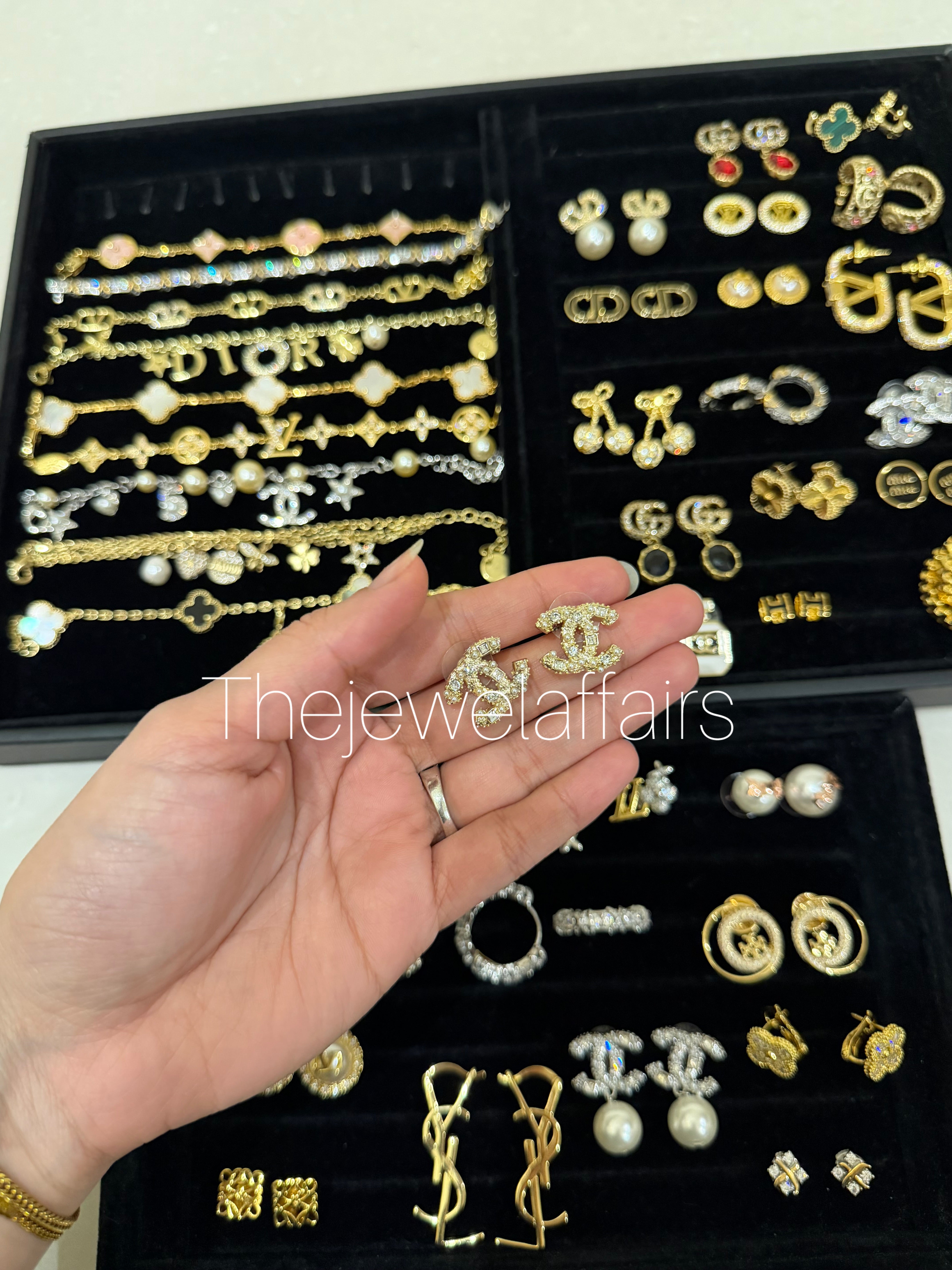 Ch@nel Crystal Logo Stud Earrings – Gold Tone