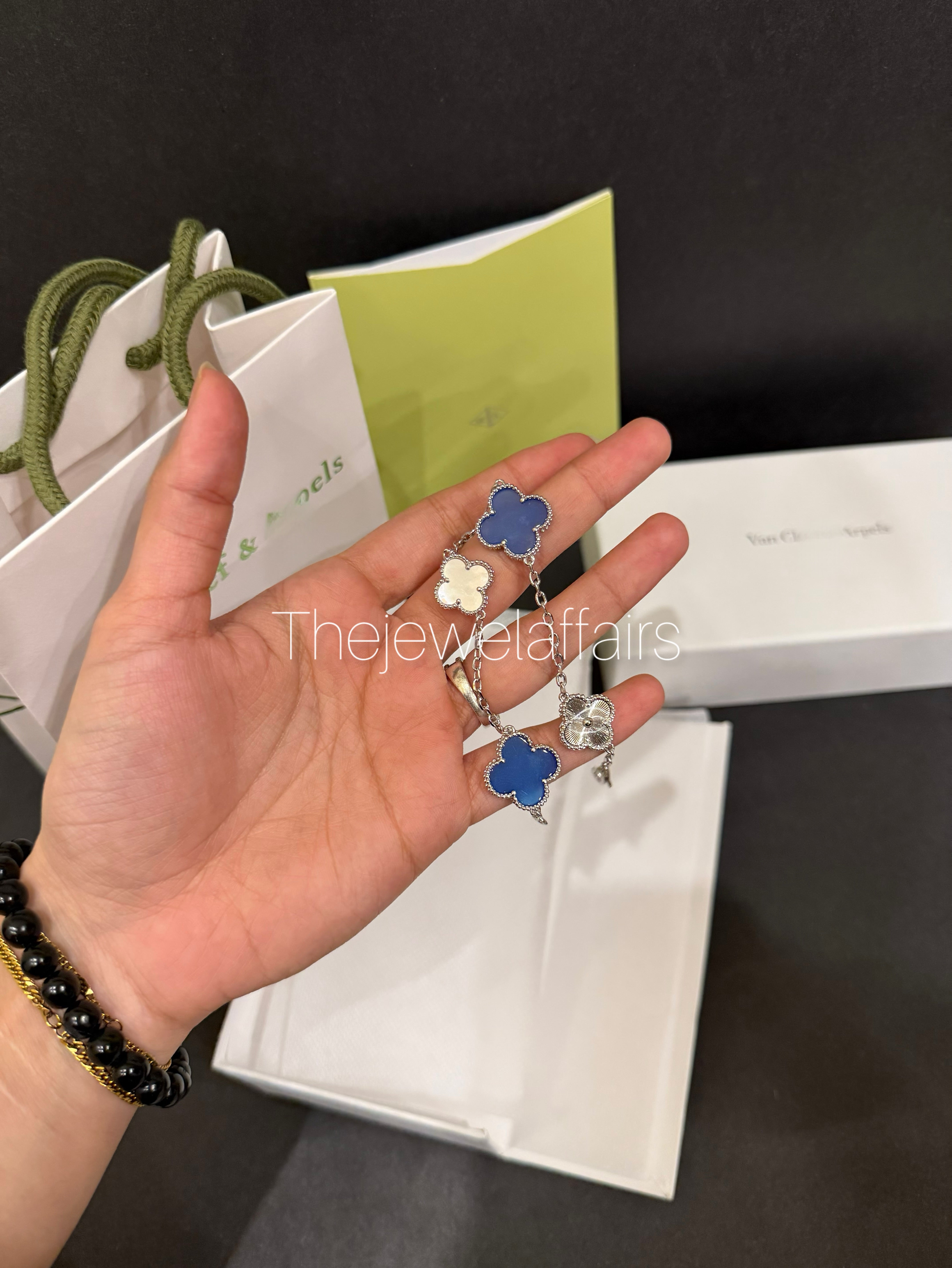 Vca 4 clover blue nd silver bracelet