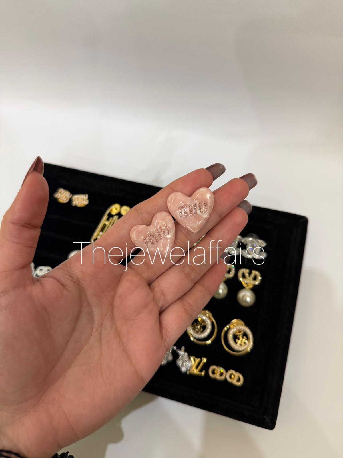 M!uM!u Pink Heart Crystal Logo Stud Earrings