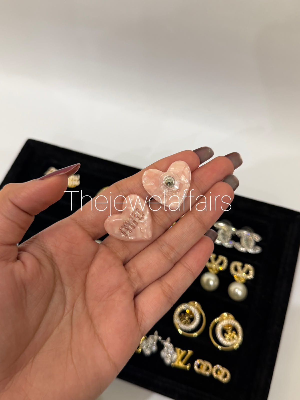 M!uM!u Pink Heart Crystal Logo Stud Earrings